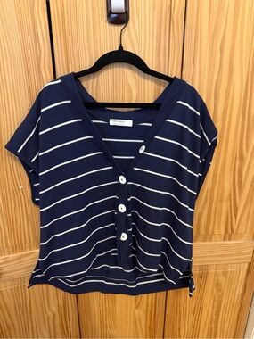 Relaxed Navy Striped Button-Front Top